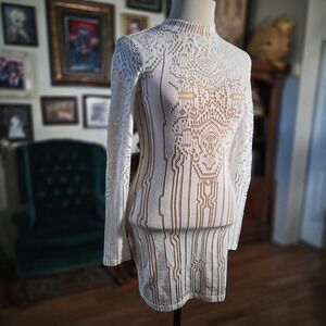 Material Girl White Burnout Velvet Geometric Bodycon Mini Dress Mock Neck XS